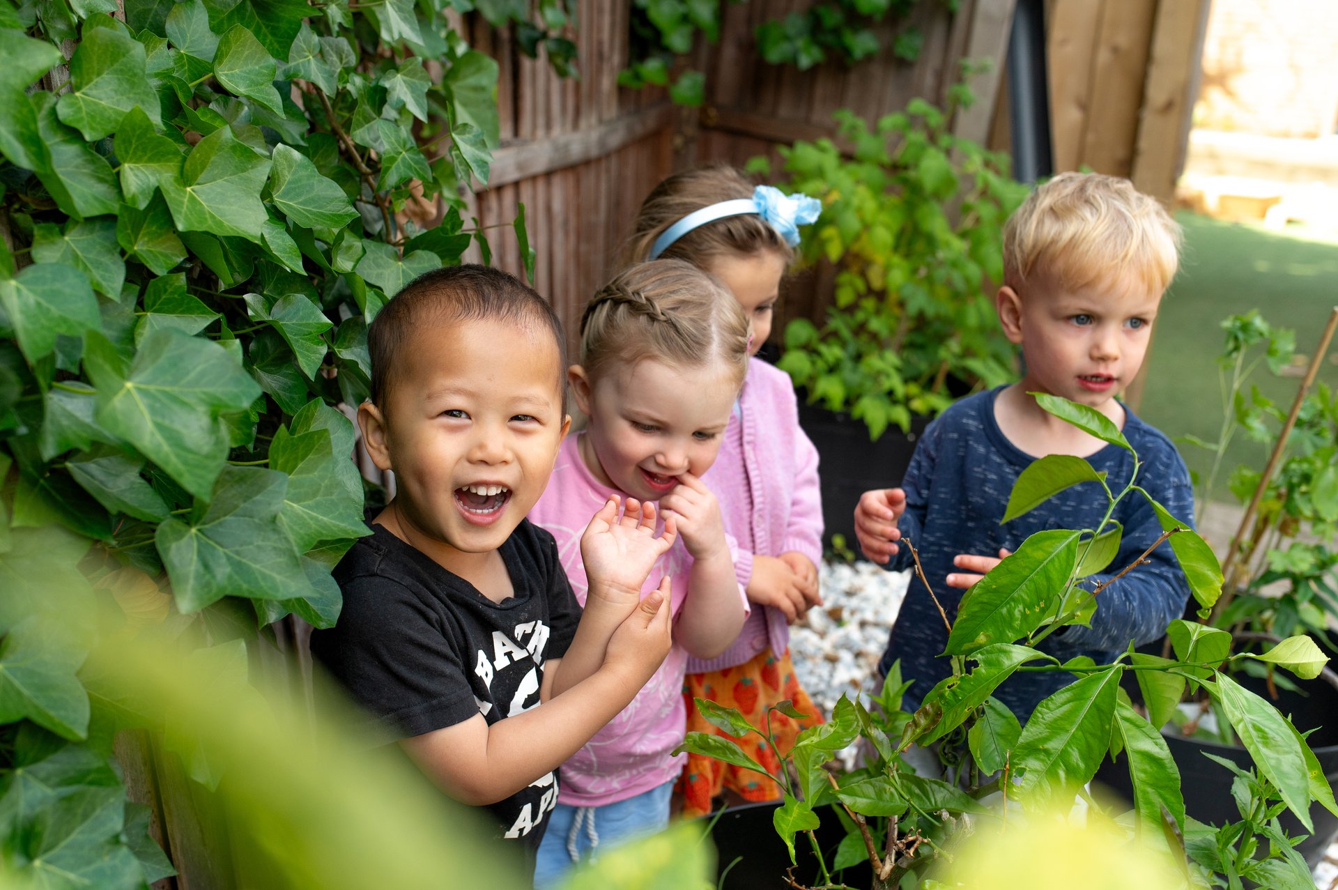 Four children smile and explore a leafy garden beside a wooden fence, surrounded by ivy and plants on a bright, cheerful day.